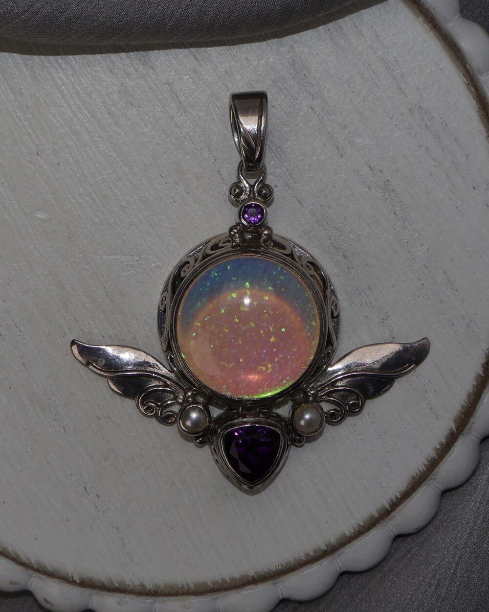 Shankari Sterling Silver Opal, Amethyst & Pearl Pendant 16.7G / 2.25in